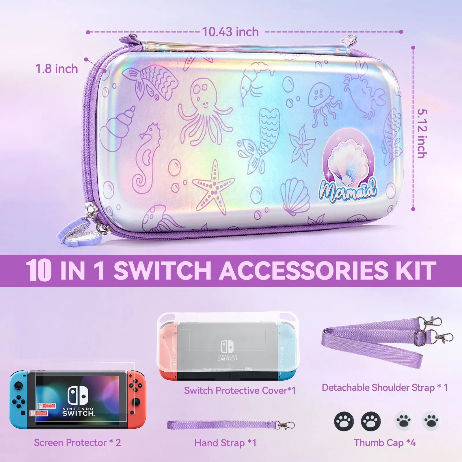 10 in1 Mermaid Carrying Case for Nintendo Switch OLED Switch Accessories Set with TPU Cover,Screen Protector,Adjustable Strap