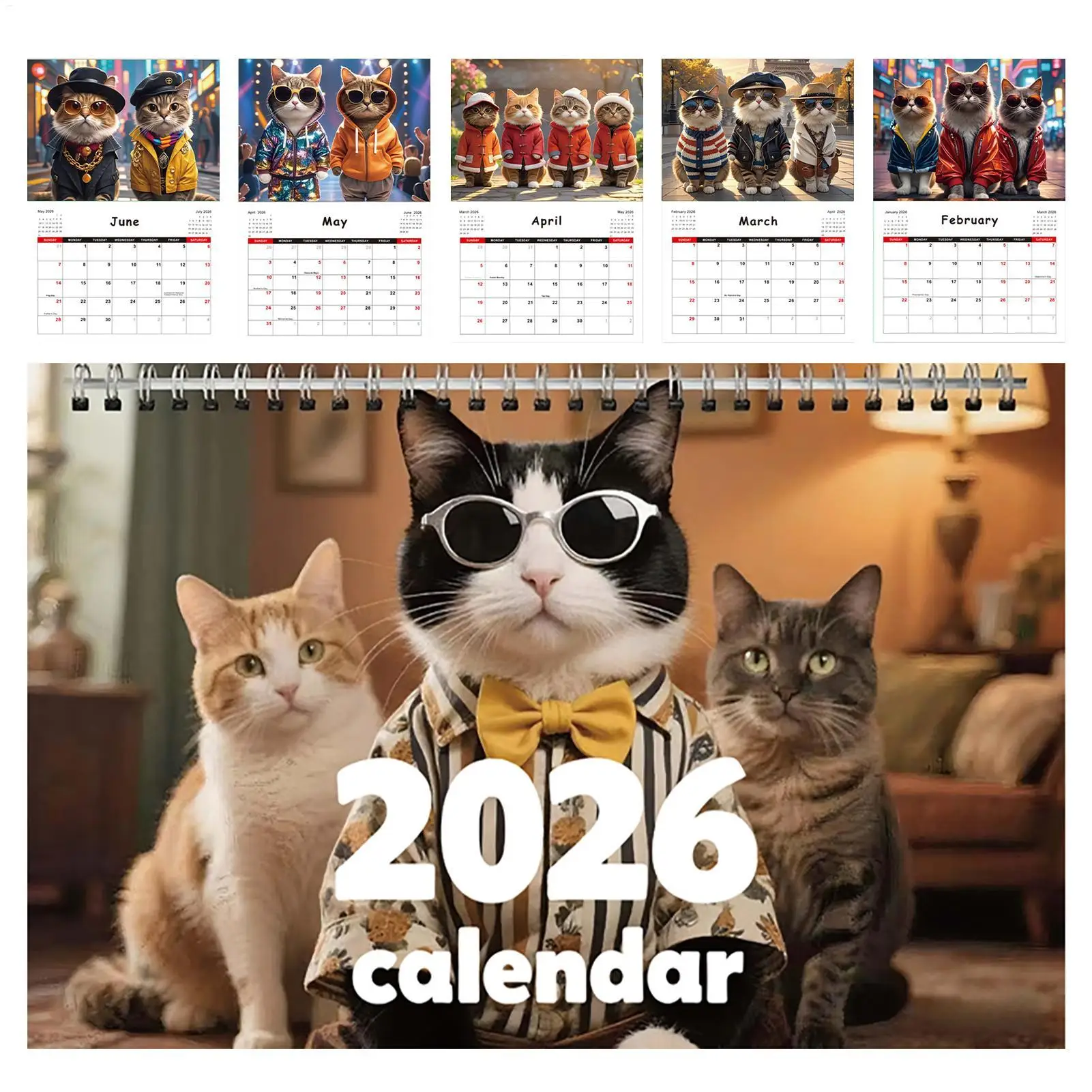 

Календарь с изображением кота 2026 на 12 месяцев, настенный планировщик на катушке, Jan-Dec, домашний декор для гостиной, офиса, школы, расписание семьи