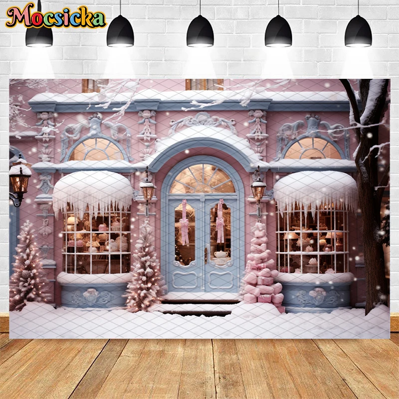 Mocsicka-Arrière-plan de photographie de magasin de bonbons d'hiver, toile de fond de portrait d'enfants, décor de fête d'anniversaire, arbre de Noël rose, décor de neige