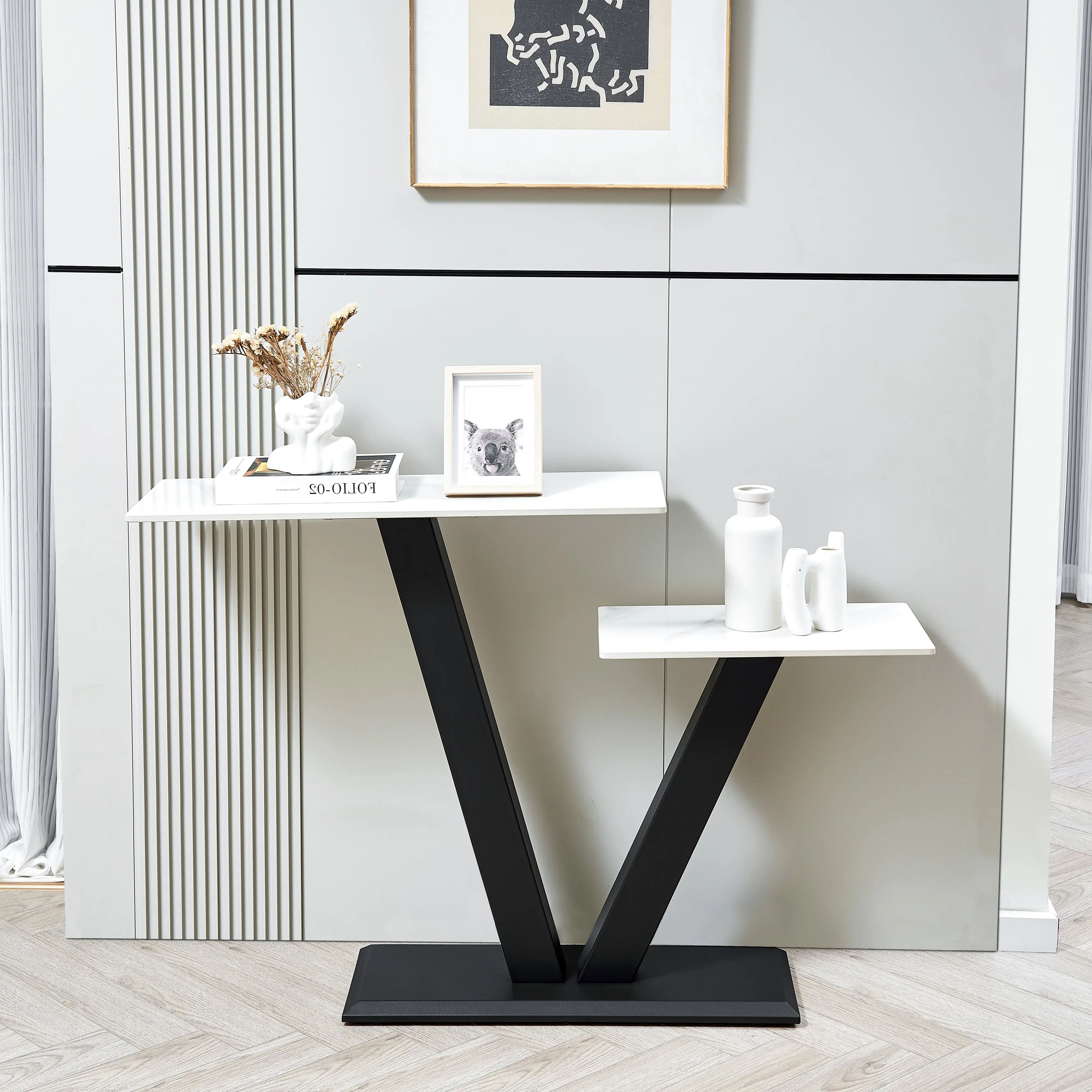 Modern Light Luxury Console Table Luxury Entrance Table, V-shaped Metal Base Marble Pattern Living Room Corridor Narrow Table