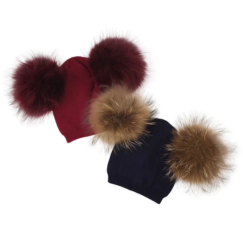 

Winter Children Girls Boys With Double Real Fur Pompon Hats Kids Caps Baby Thick Warm Knitted Beanies Outdoor Windproof Hat