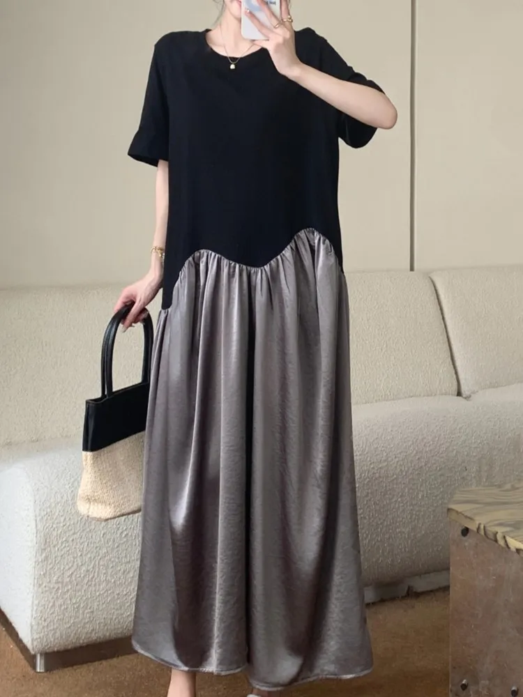 Verano plisado negro Vintage camiseta vestido mujer moda coreana manga corta suelta Casual Vestidos largos de mujer ropa Vestidos