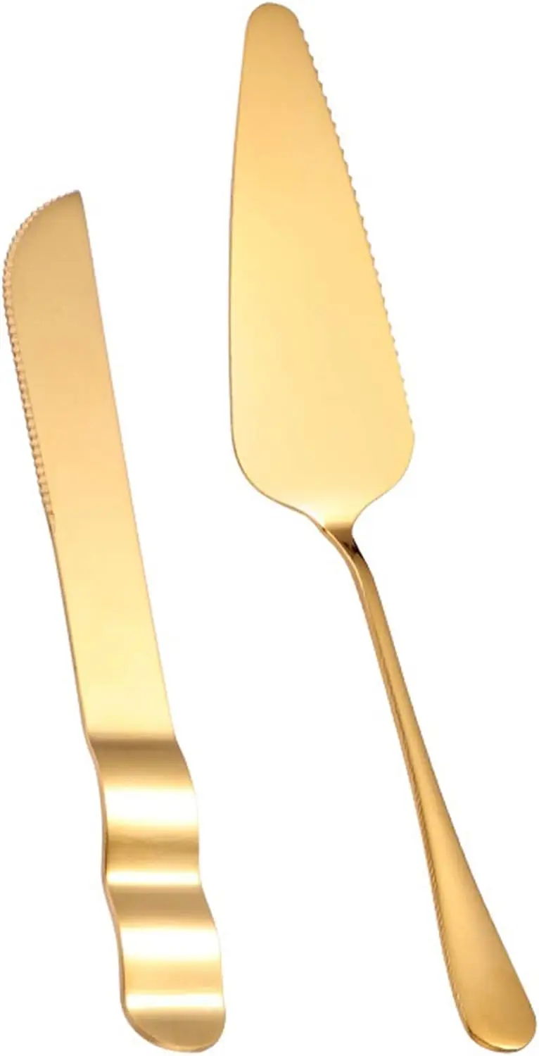 2 Piece Gold Wedding Cake Knife and Serving Set - Stainless Steel Cake Server Cake Knife - Cake Server for Weddings, Birthdays