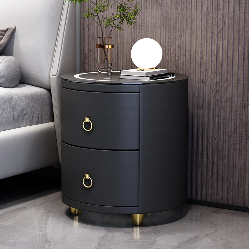 Light Brown Luxury Indian Artisan Hand Made Natural Solid Premium Wood Drawers Attached Elegant Round Nightstand Bedside Table