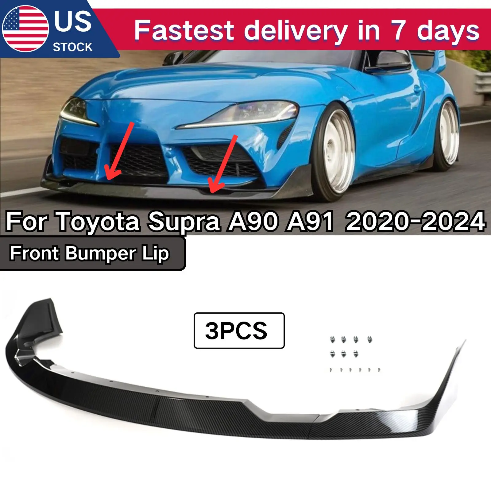 For Toyota Supra A90 A91 2020-2024 Front Bumper Lip 3PCS Cars Accessories Spoiler Splitter Glossy Black Carbon Fiber Print
