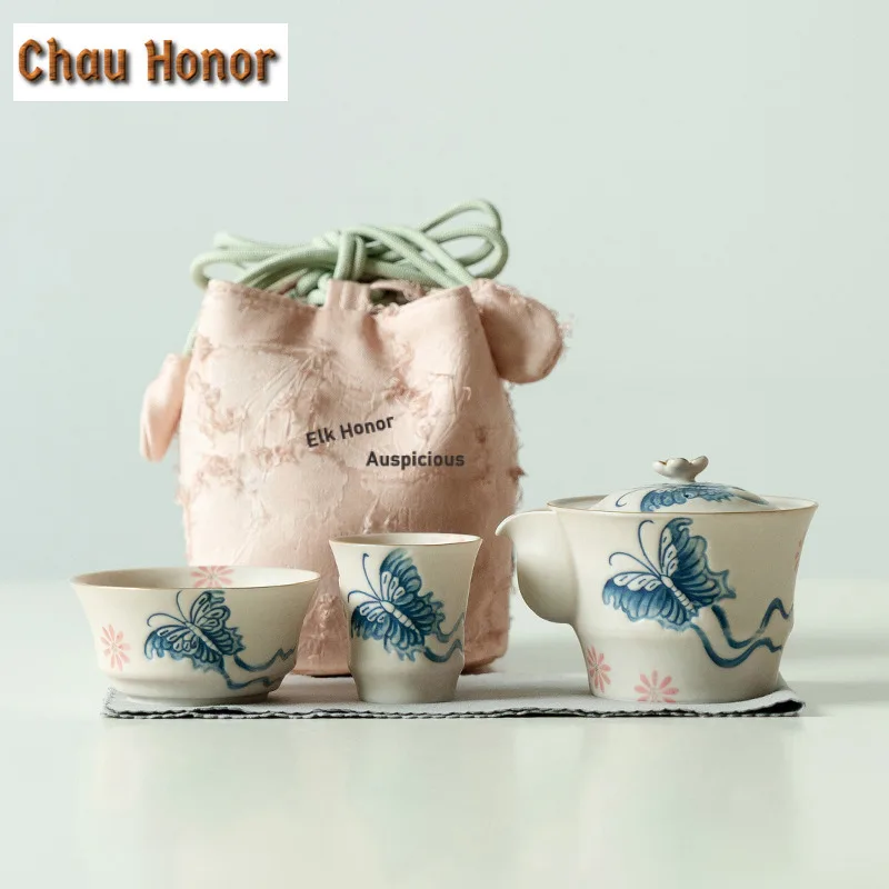 

Pure Hand-painted Butterfly Daisy Travel Tea Set Kit Boutique 1 Pot 2 Cups Tea Maker Organizer Portable Picnic Tote Bag Supplies