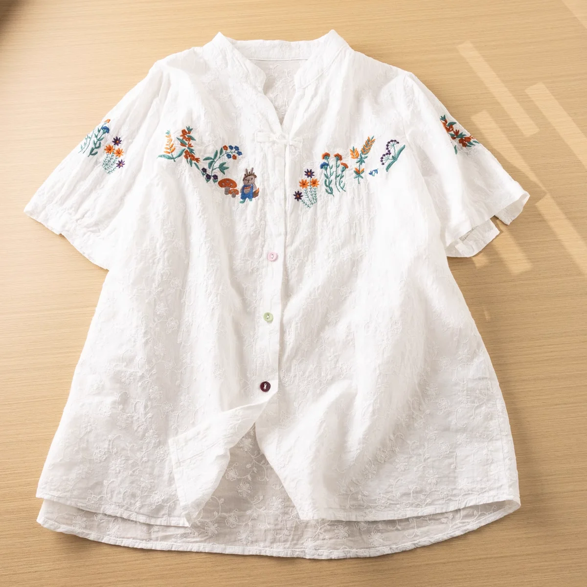 Mori girl style lace floral cartoon embroidery shirts and blouses Chinese buttons cotton tops female summer women\'s clothing