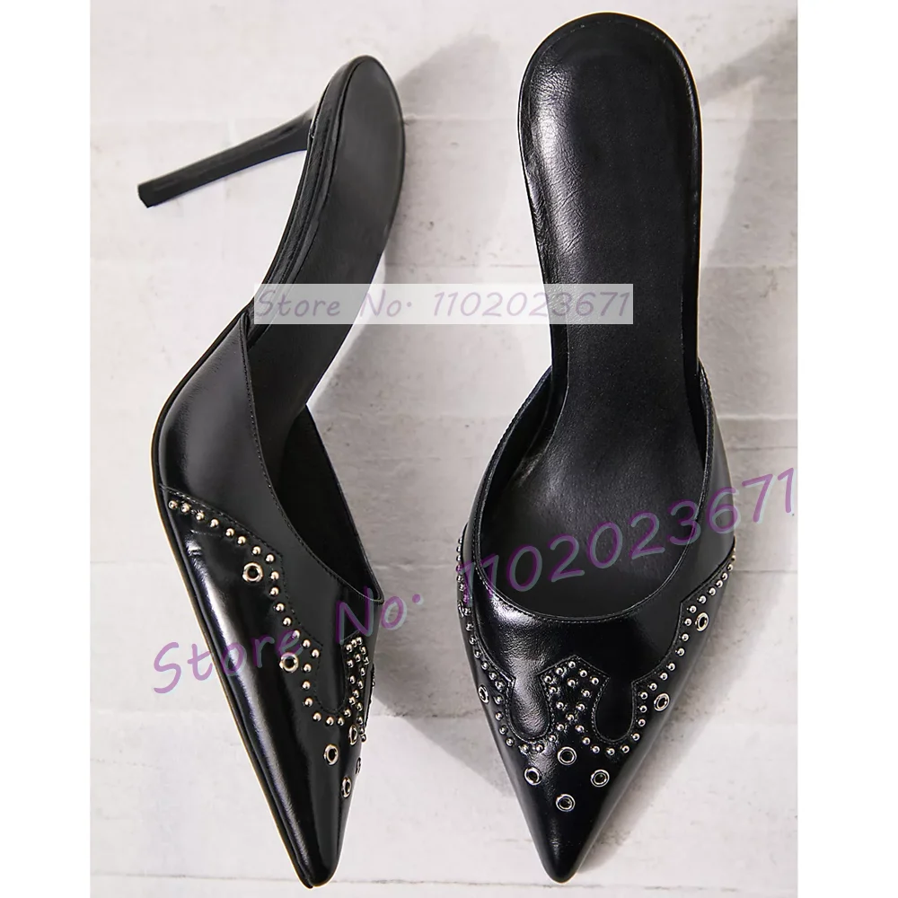 

Pointy Toe Studded Heels Slippers Design For Women Elegant Casual High Heels Western Shoes Summer Ladies Smooth Leather Slippers