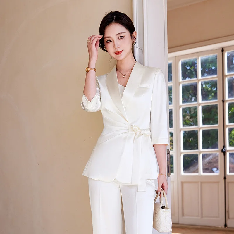 Designer Splicing ผู้หญิงอาวุโสหรูหรา Blazer ชุดกางเกงชุดซาตินผ้าไหม Office Lady Solid Coat ขนาดใหญ่ Elegant Jacket