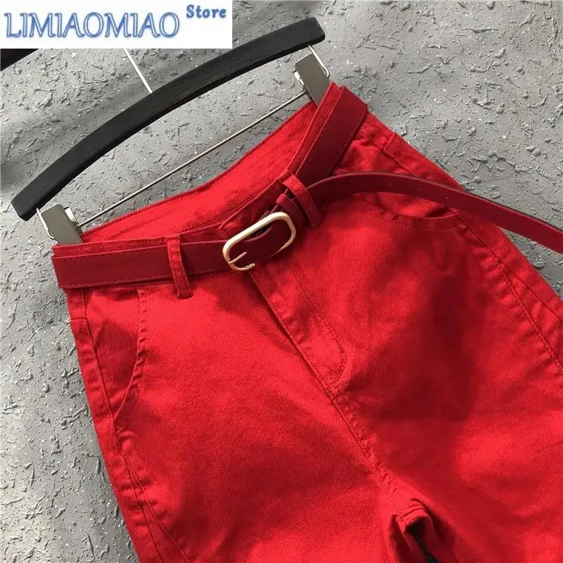 New Fashion Spring Zipper Stretch Pants Women red Casual Pants Harlan Jeans Women Black Jean Femme Summer Denim Pant  White