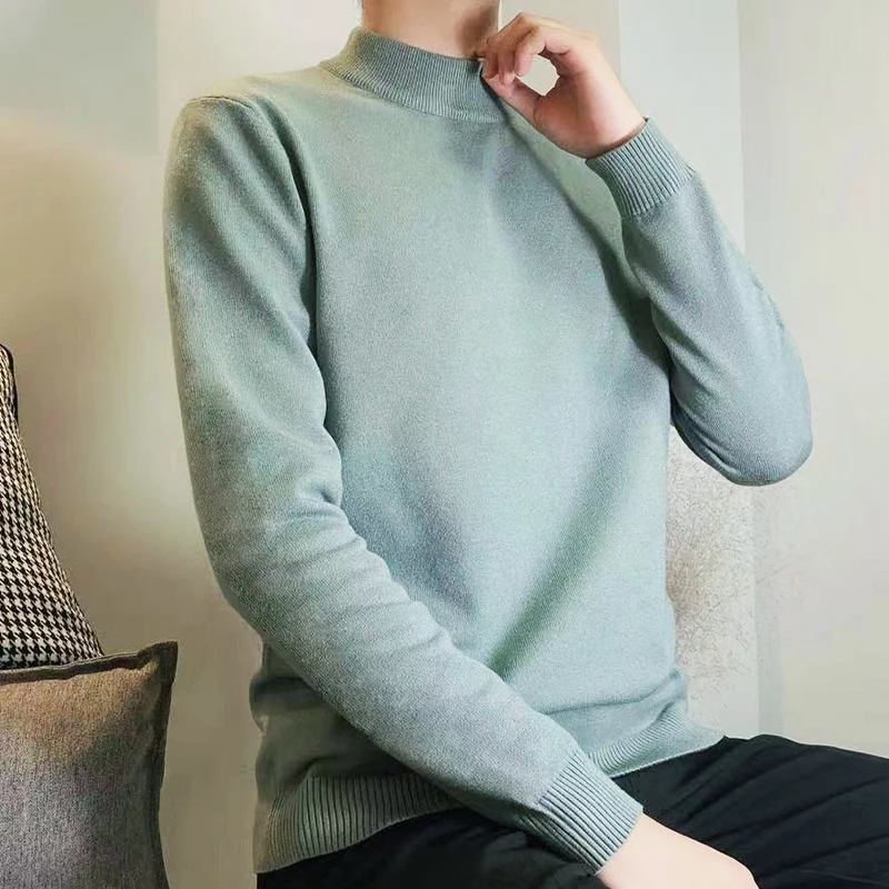 الرجال محبوك f عالية الياقة طويلة Sve سترة منتظم صالح عادية Faion الاتجاه Bla قاعدة irt الخريف الشتاء وصول جديد