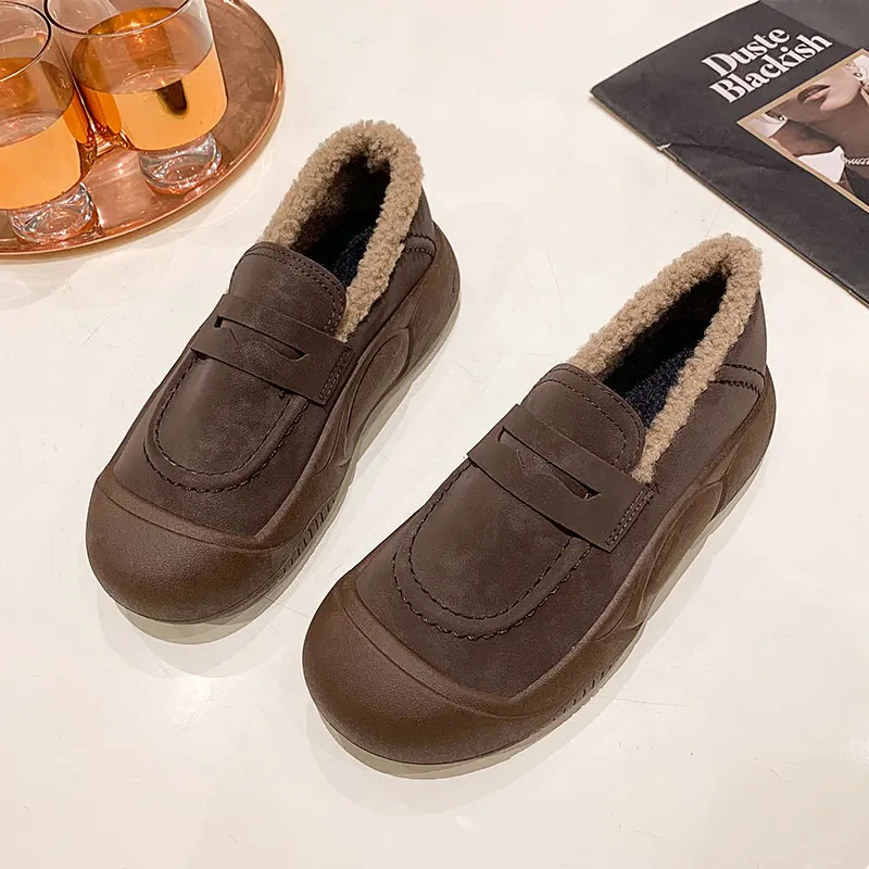 Casual Woman Shoe Clogs Platform Slip-on Loafers With Fur Creepers Retro Slip On New Winter Leisure Shoes Woman 2024 Clogs Platf