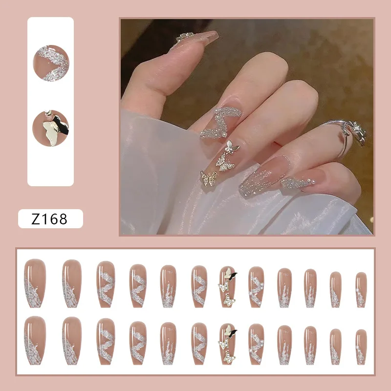 Broken Diamond Streamer Lovely Girl Nail Art Wearable Press On Fake Nails Tips  24pcs/box With Wearing Tools As Gift