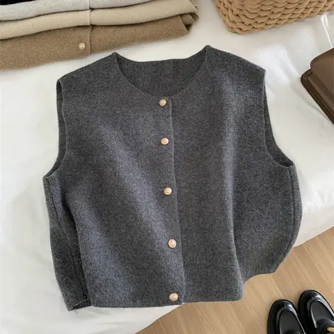 가을 새로운 니트 카디건 여성 한국어 우아한 민소매 스웨터 탱크 캐주얼 Fashiona 새로운 슬림 여성 탑 회색 조끼