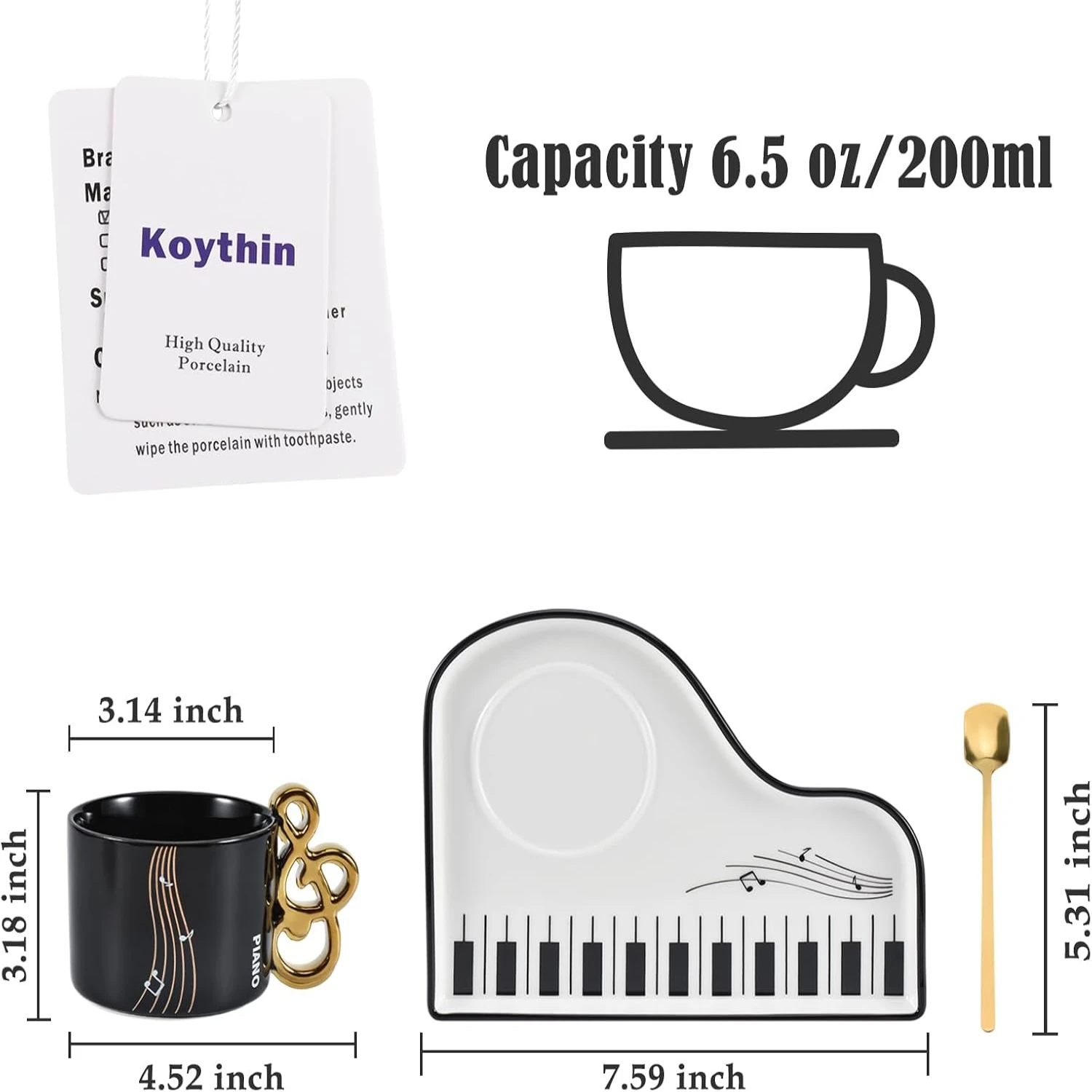 Ceramic  Saucer Set,  Cute Piano Shaped Cup with Spoon and Saucer for Office and , 6.5 oz/200 ml for Tea Latte Milk (Elegant Whi