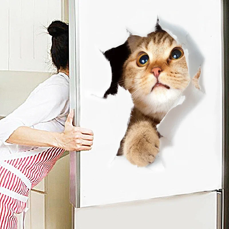 Cute Cat 3D Cracked Toilet Sticker, Wall Stickers, Fridge Car Seat, DIY Living Room, Bedroom, Home Decor