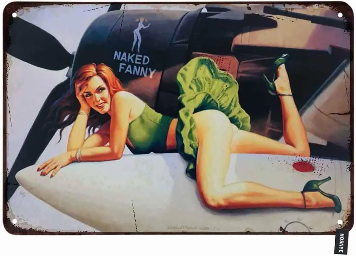 HOSNYE Pin Up Girls Tin Sign Naked Fanny Woman Лежащая на самолете Винтажные металлические жестяные знаки для мужчин и женщин Настенный художественный декор для вывески