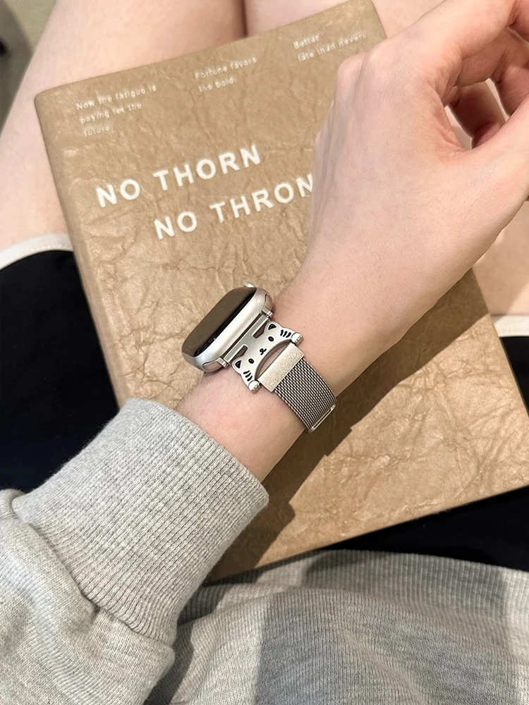 Cute Cat Milanese Band For iWatch Ultra 2 10 9 8 7 6 5 4 Metal Bracelet Strap For Apple Watch 38mm 40mm 41mm 42mm 45mm 46mm 49mm