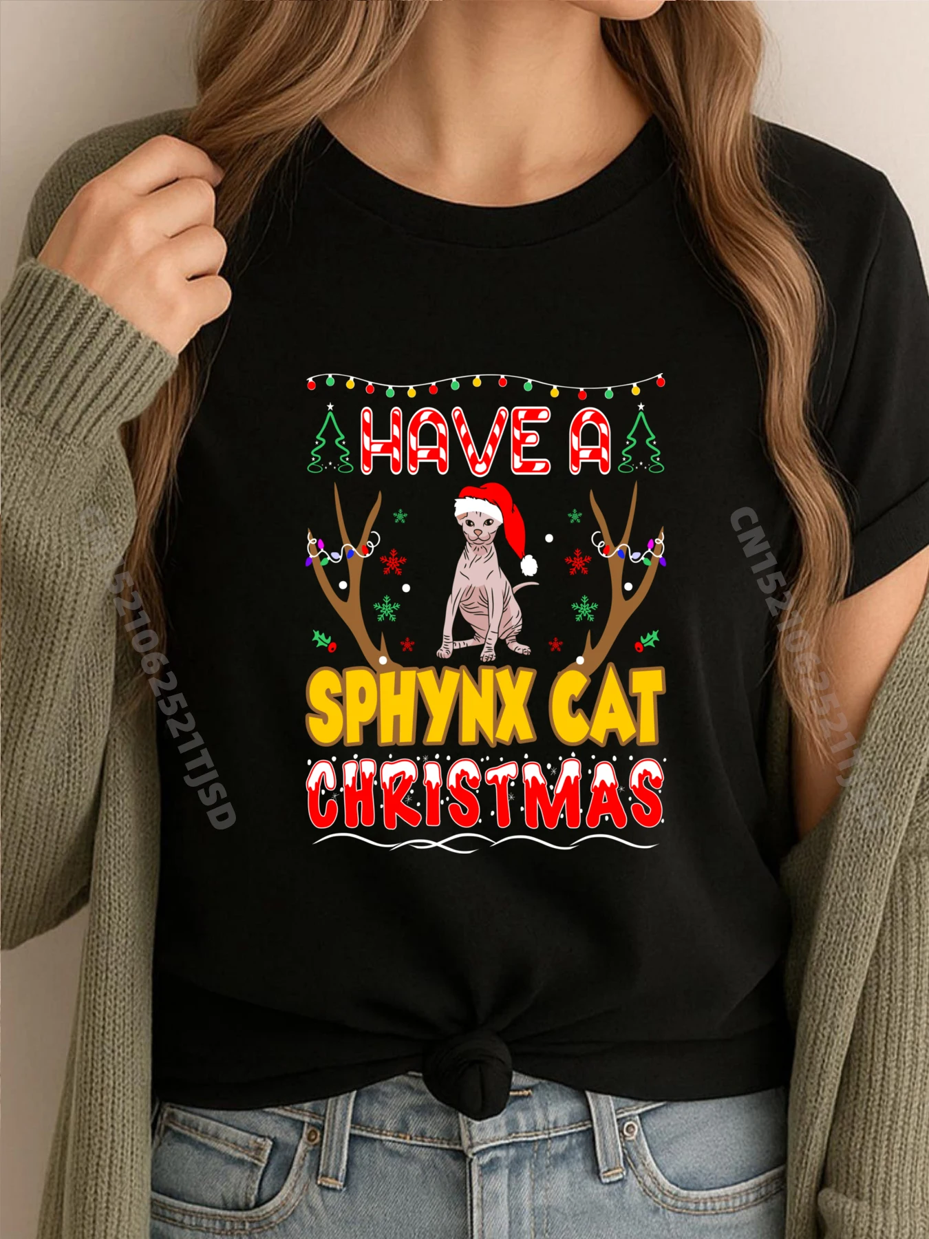 

Рождественская футболка с изображением кота сфинкса для любителей домашних животных, красная и черная футболка с рисунком, уличная женская одежда