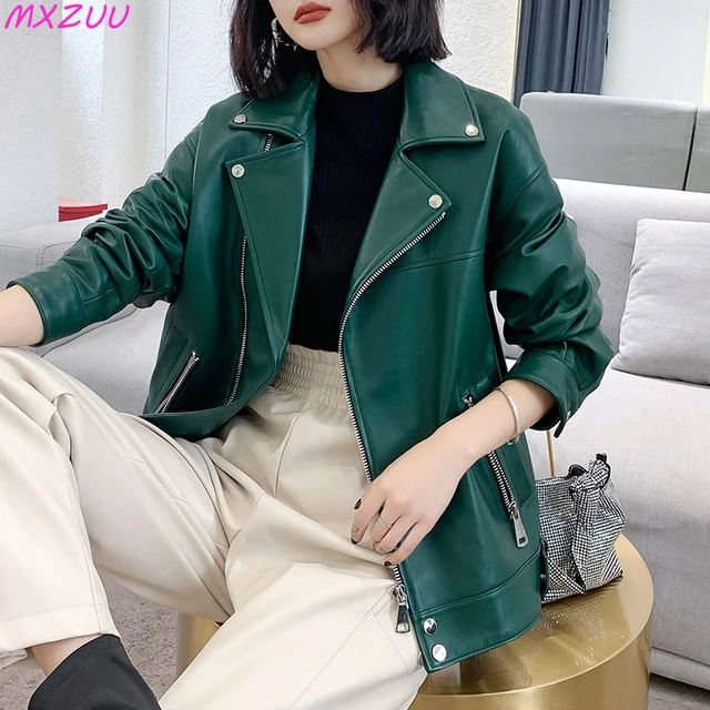 Popularna kurtka z prawdziwej skóry kobiet krótki lokomotywa zamek kożuch Harajuku moda luźny, modny ciemnozielony Lederjacke Damen
