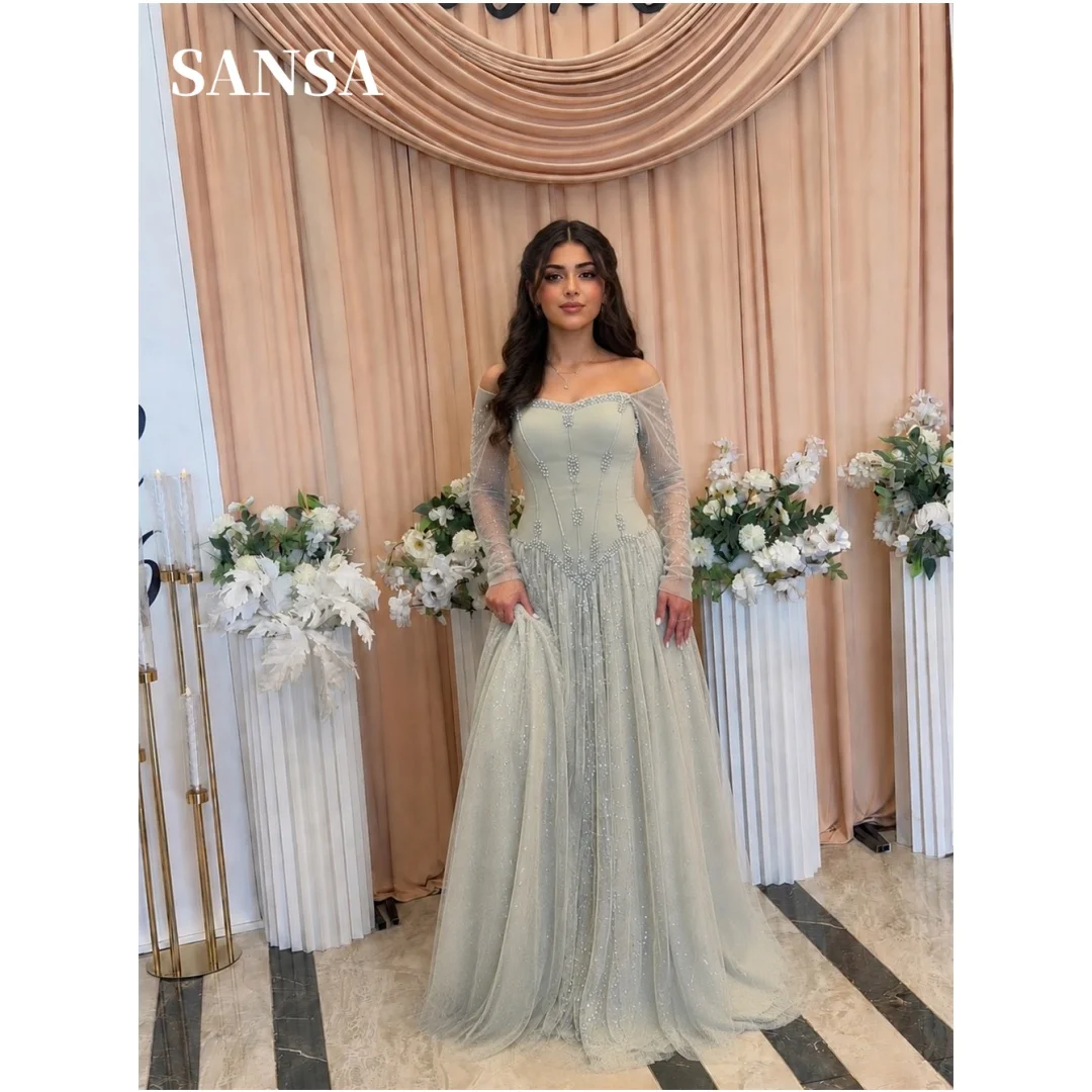 Vestidos de fiesta personalizados Sansa en verde salvia empolvado, con hombros descubiertos, mangas de malla y falda de tul brillante, vestidos de noche de corte en A para eventos formales.