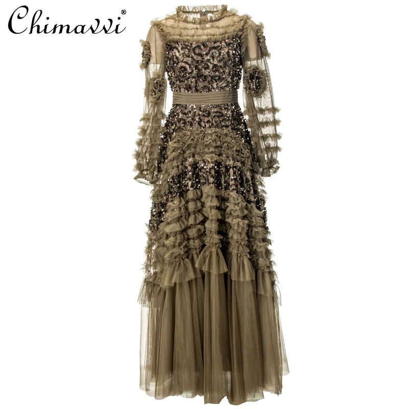 

Heavy Vintage Round Neck Sequin Ruffle Mesh Dress Gray Dress Autumn Winter New High-end Long Sleeve Elegant Long Gown Dress