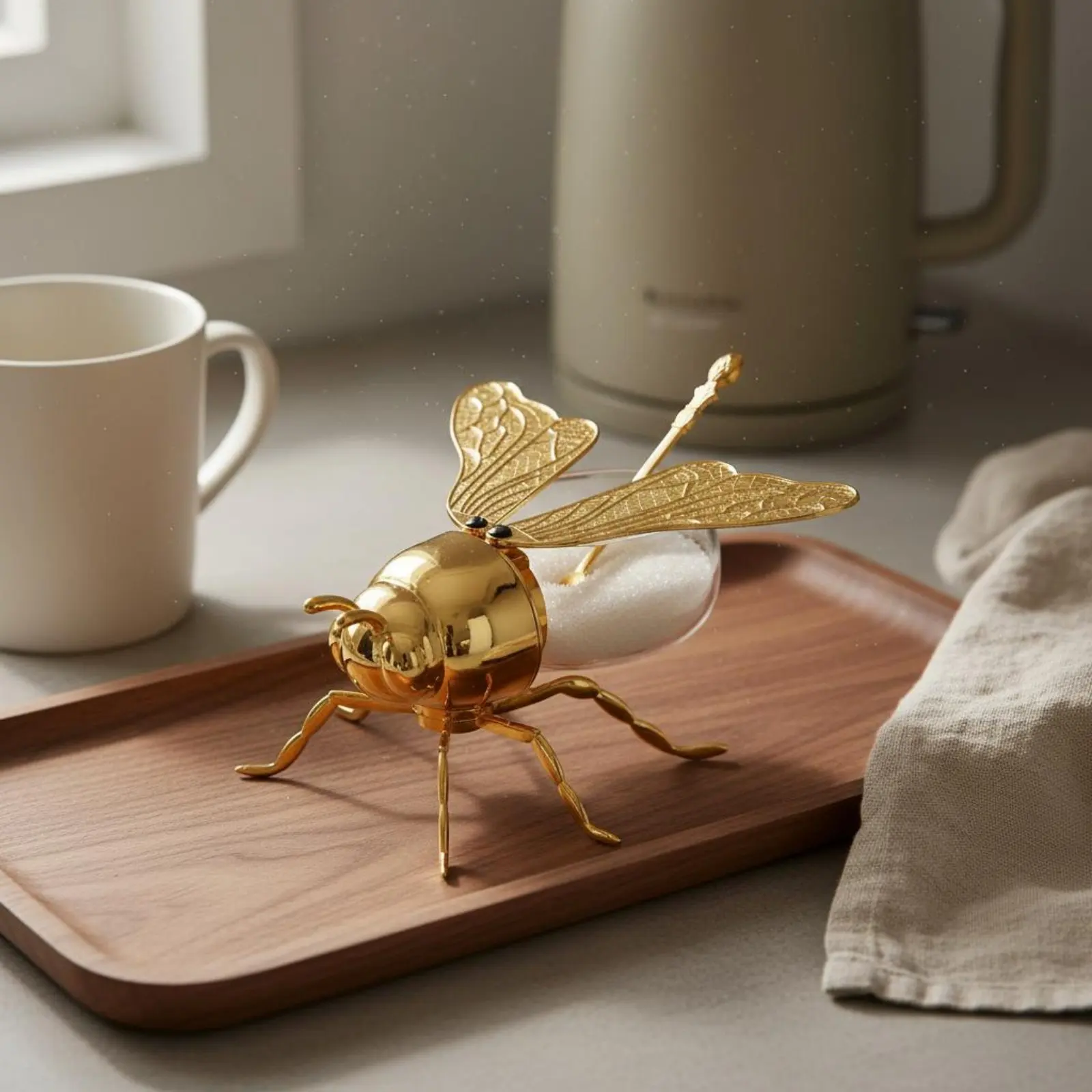 Gold Bee Sugar Pot Easy to Clean Bee Sugar Bowl Honey Jar with Spoon Golden Finish Glass Honey Dispenser Detachable Parts