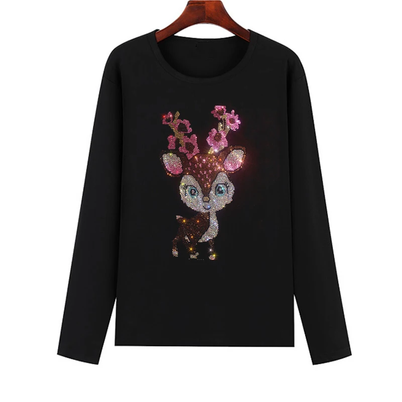 

Delicate and lovely sika deer diamond picture hot diamond women's T-shirt spring, autumn and winter ladies leisure T-shirt