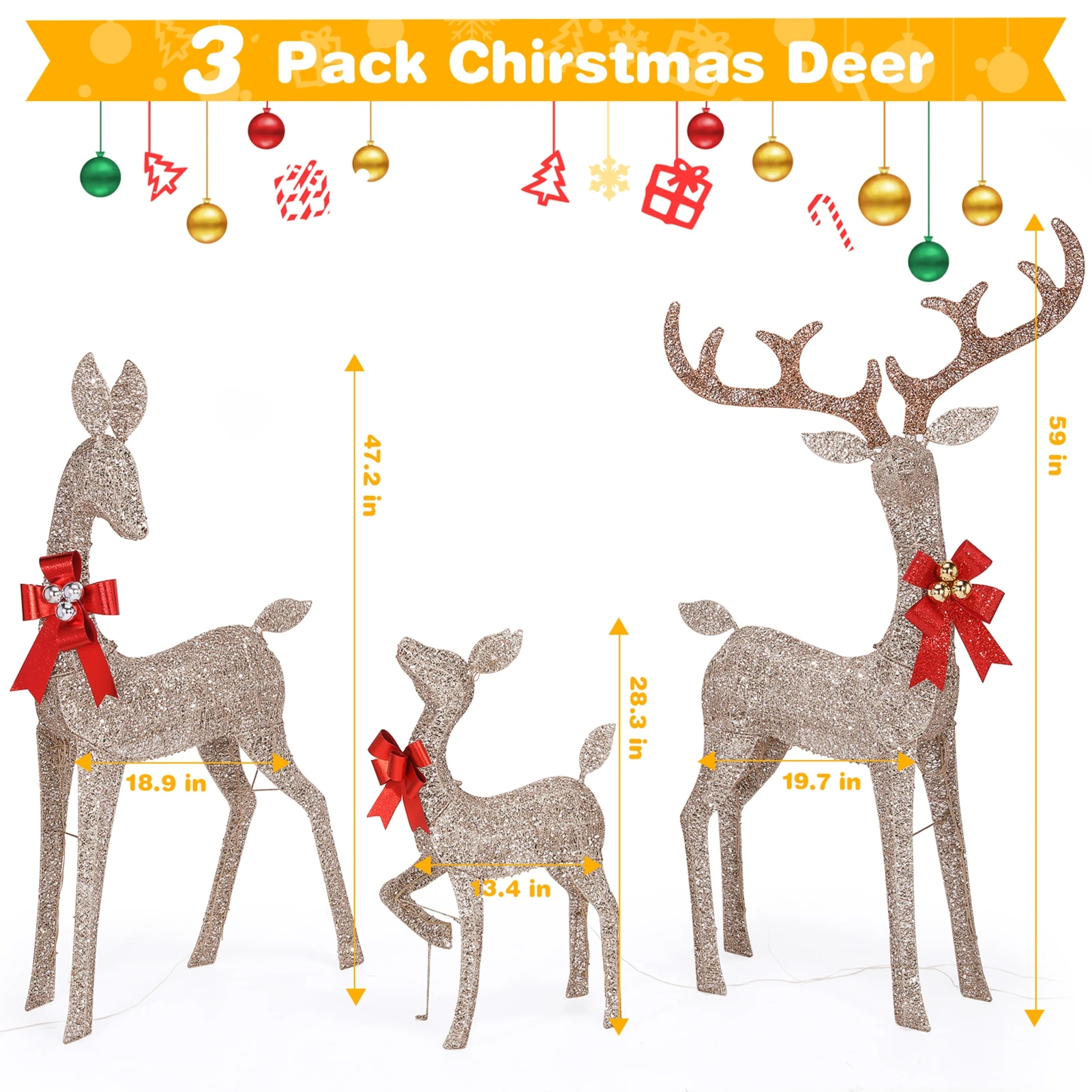 Outdoor Lighting Front Yard - 3pcs Christmas Deers with 210 Warm