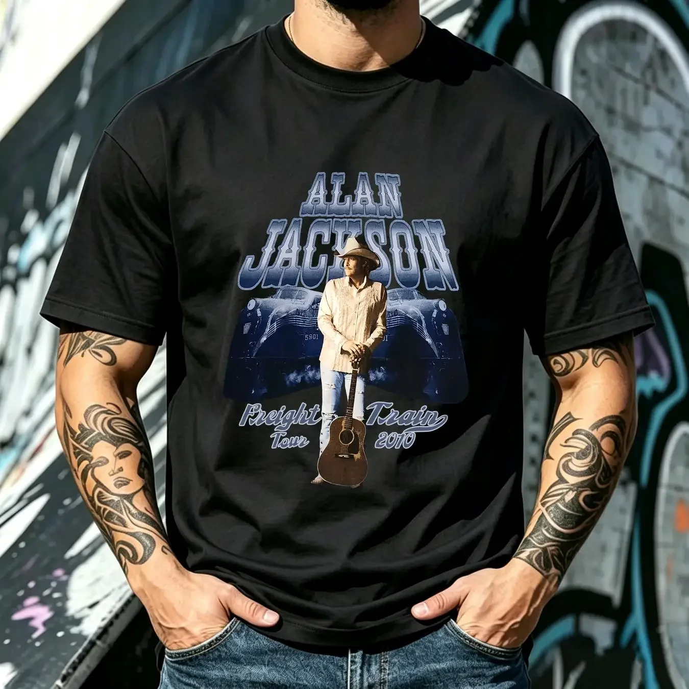 washed T Shirt Alan Jackson Men's Large Freight Train 5901 2010 Tour Blue  vintage Washed homme designer clothes Slightly