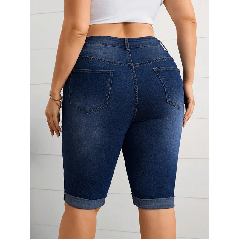 Benuynffy Plus Size Vintage Mid Waisted Rolled Hem Pencil Jeans Women Summer Washed Blue Stretch Denim Half Pants Streetwear view 2