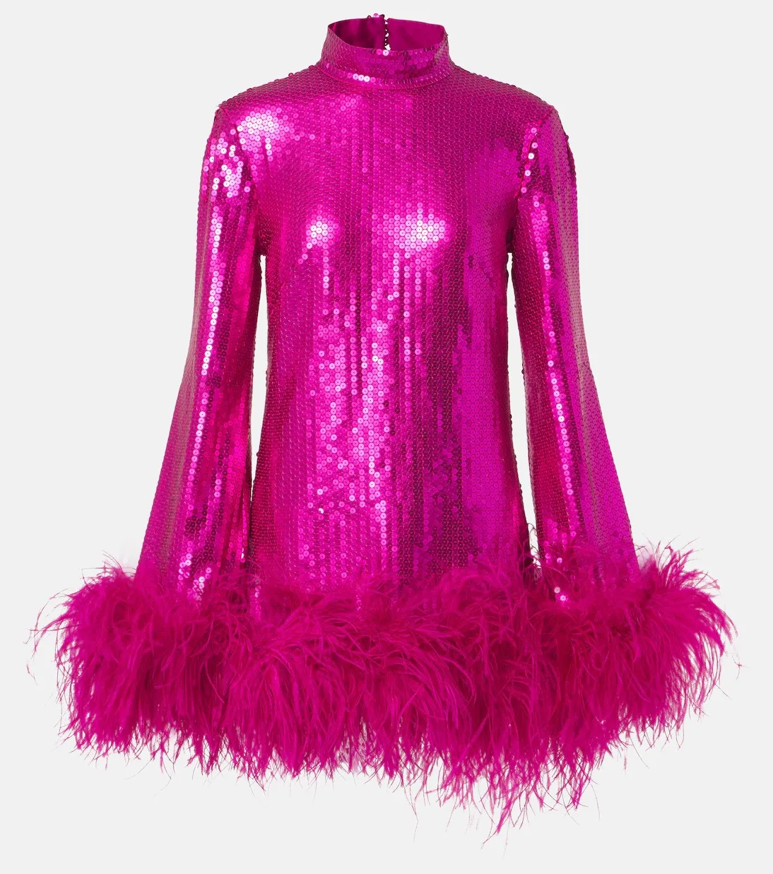 Blingbling Fuchsia Sequined Women Short Dresses With Feather Details High Collar A-line Mini Birthday Party Dress