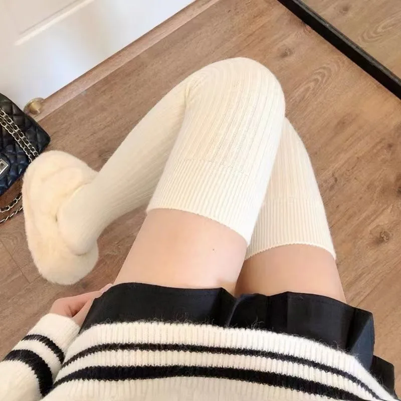 

Women Long Socks Cashmere Women Boot Solid Wool Thigh Stocking Skinny Casual Cotton Over Knee-High Fluffy Female Long Knee Sock