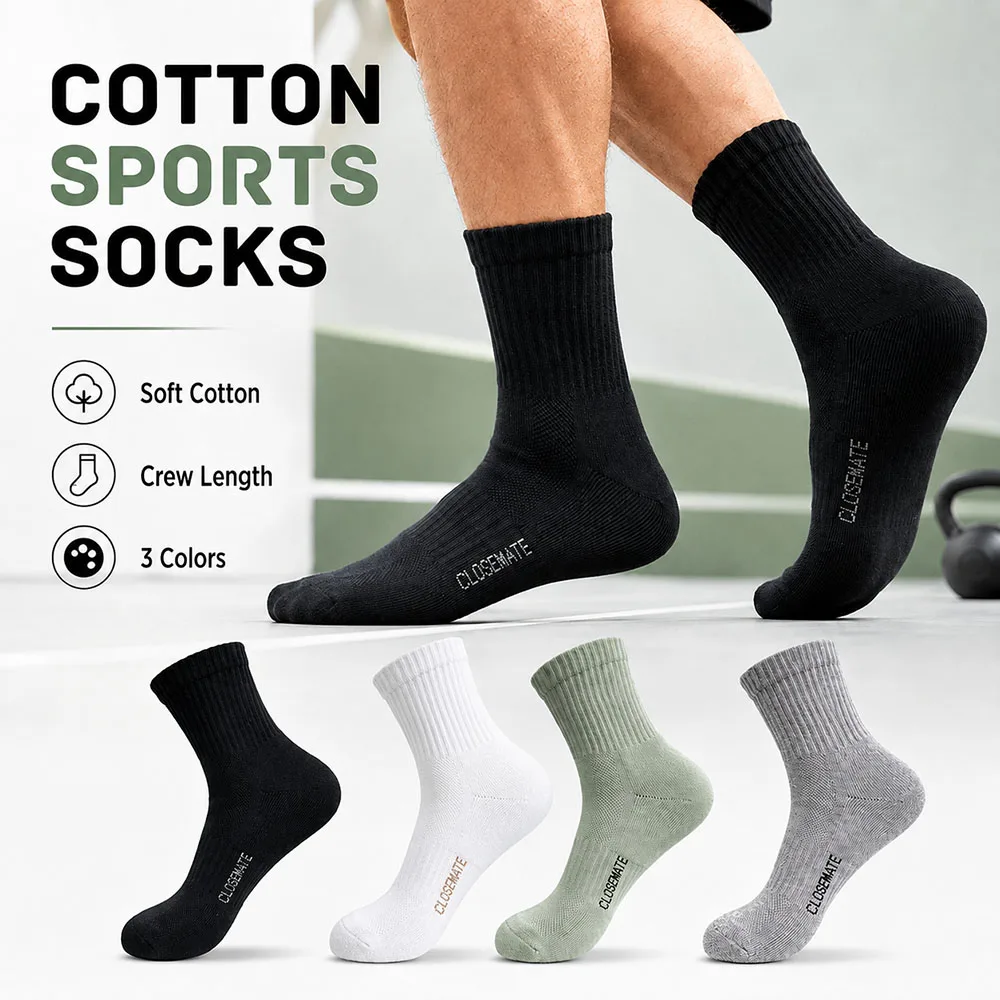 4/8 Pairs Men Crew Cotton Sports Socks Soft Breathable Mid‑Calf Athletic Socks Ribbed Elastic Cuff Casual Workout Socks