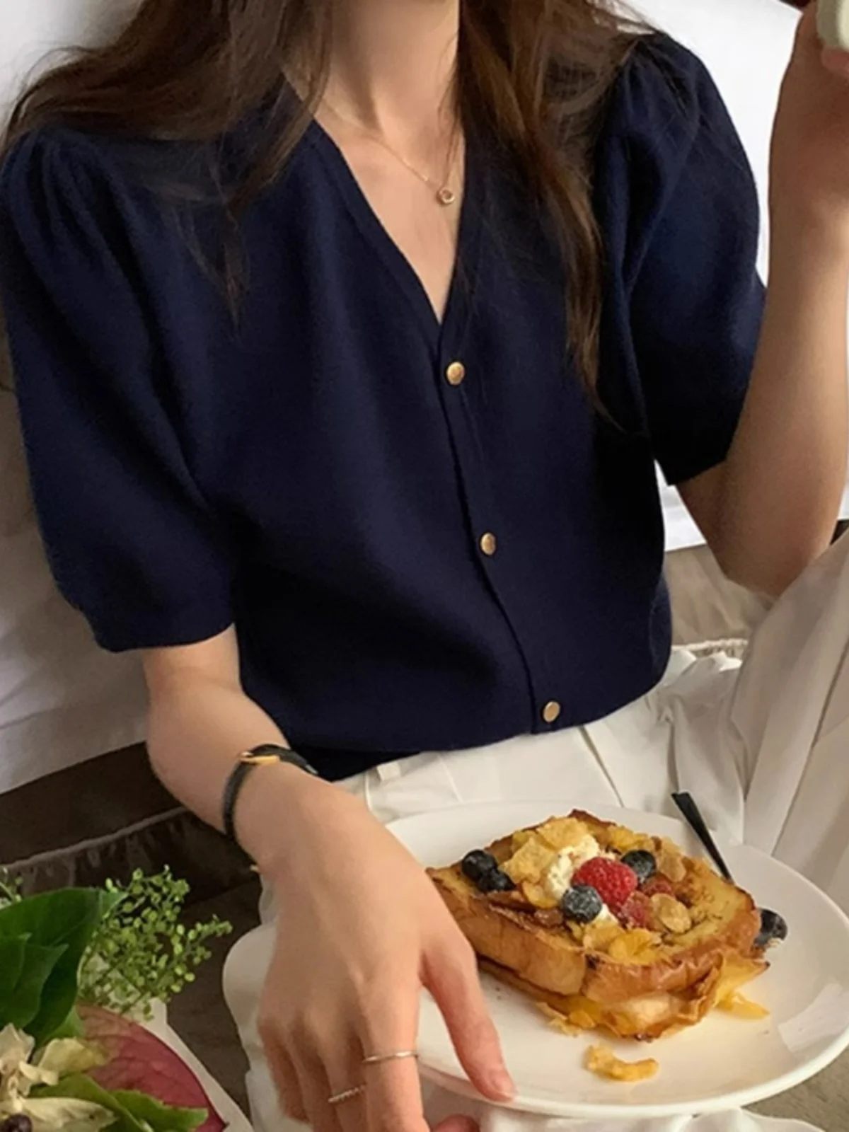 Slim Fit Short Sleeve V-Neck Lantern Sleeve Knitted Open Cardigan Women's Summer Thin Style Fashionable Body Shaping Top