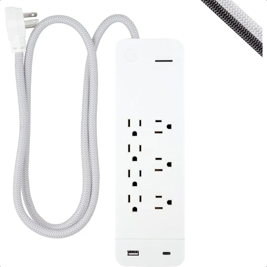 

GE UltraPro 7 Outlet Surge Protector USBC Charging 4 ft Designer Braided Extension Cord 1440 Joules ETL Listed White 41355
