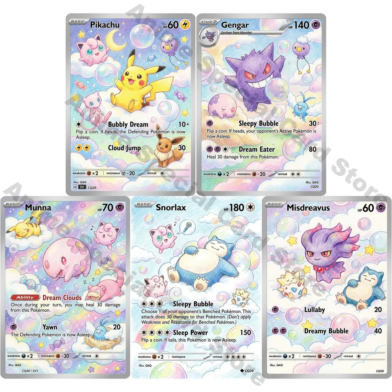 5Pcs PTCG Cards Childrens Colored Pencil Drawing Style Dream Gengar Munna Snorlax Misdreavus PTCG Art Cards PTCG Gift