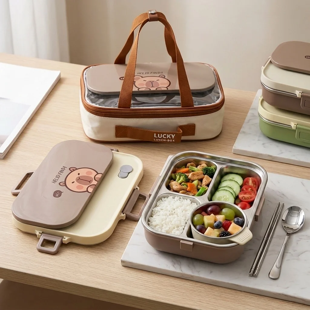 304 Stainless Steel Bento Lunch Box Set 4/5 Compartment Food Storage Containers with Soup Bowl Cutlery Adults Kids School