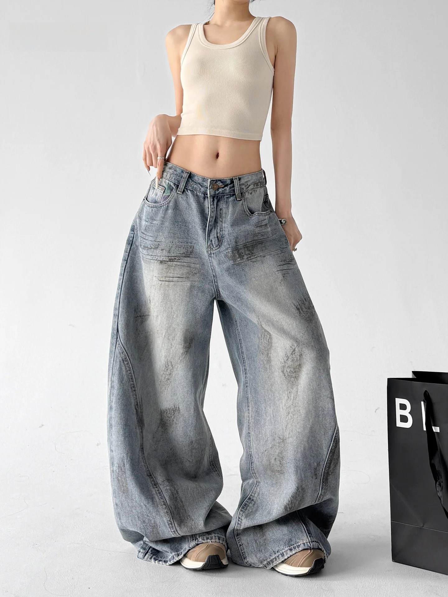 

Blue Wide Leg Denim Jeans Women's Summer 2026 Loose Slimming Casual Trousers Low Waist Cotton Polyester Elastic Fiber