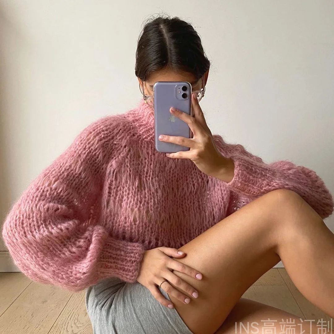 Autumn ins style new handmade loose casual red bubble pullover mohair women's thick stick knitted high neck sweater soft