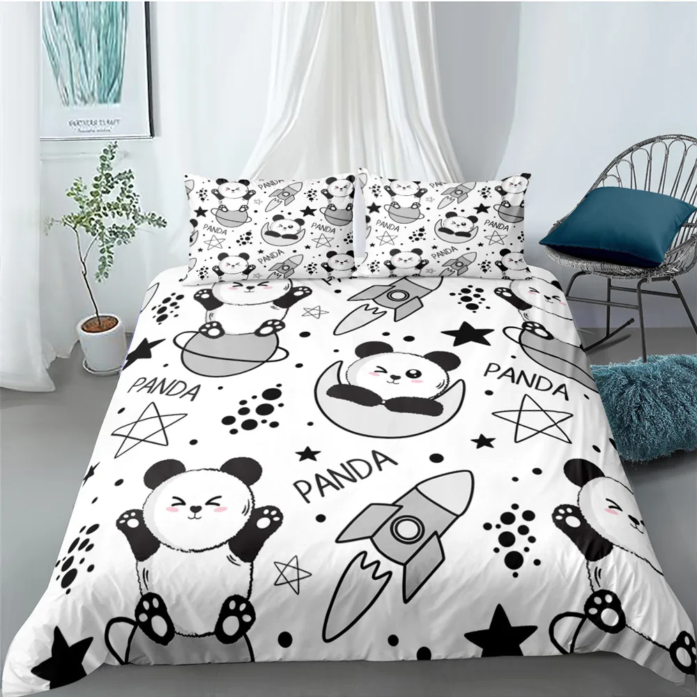 

King Size Polyester Bedding Set with Cute Cartoon Panda Print for Boys and Teens