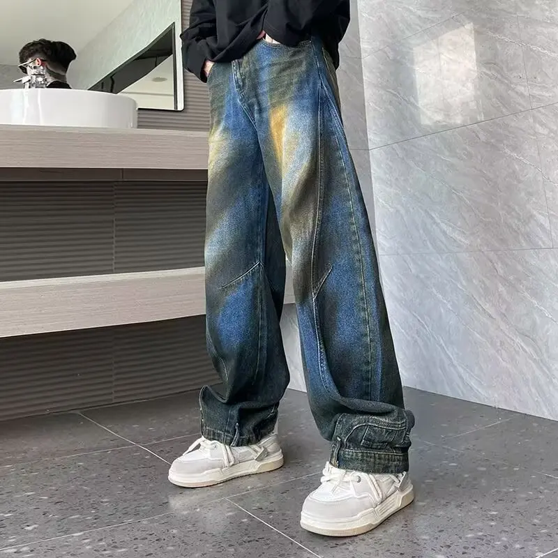 

Summer Large Size 250 Pou Vintage American High Street Distred Premium Denim Men's Loose Straight Leg Knife Long P...