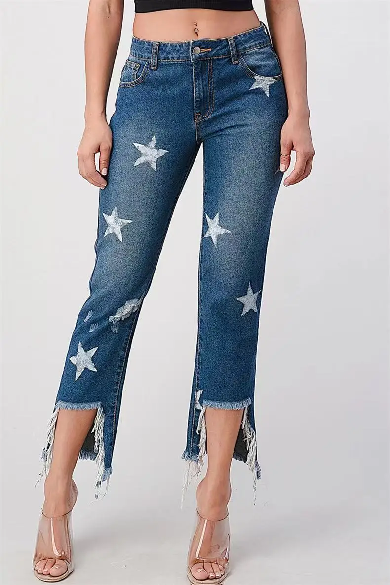 

New Star-printed Washed Seven-inch Jeans. Women's Spring and Summer Fashionable and Temperament Mid-waist Straight-leg Jeans