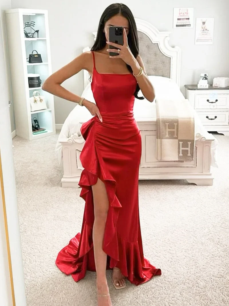 Sexy Spaghetti Strap Ruffles Long Maxi Evening Dress Women Sleeveless High Slit Floor-length Red Formal Occasion Prom Dresses