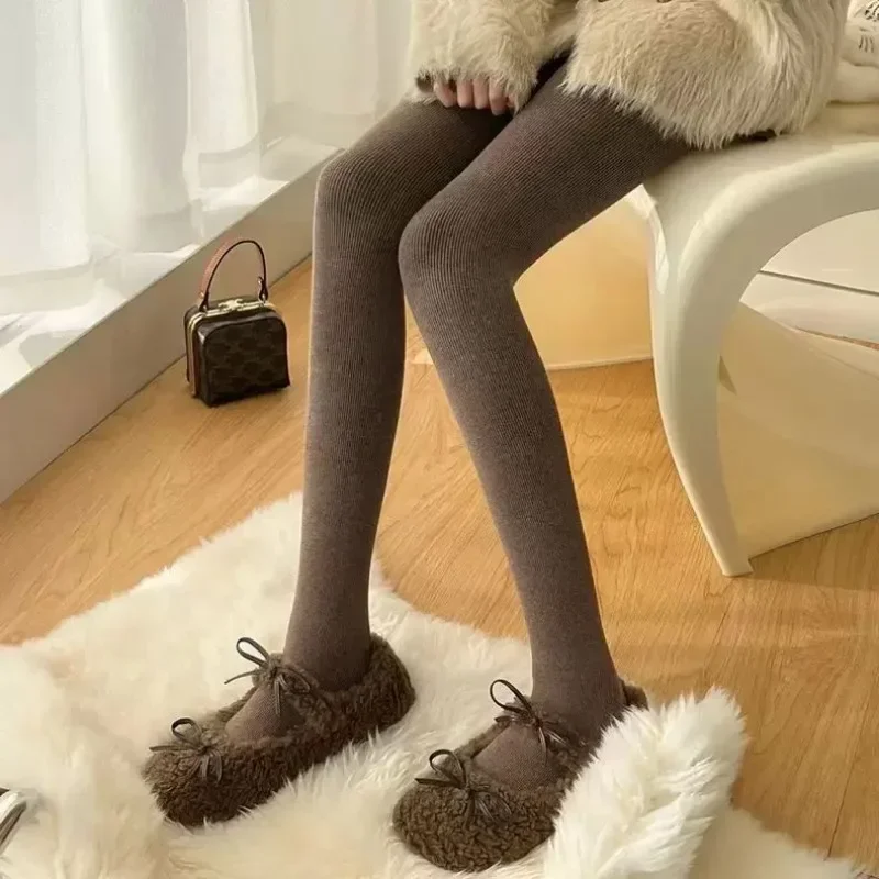Japanese Cashmere Thick Oat Color Pantyhose Women\'s Winter Warm Thin Velvet White Bottom Socks Vertical Strip Slim Autumn/winter