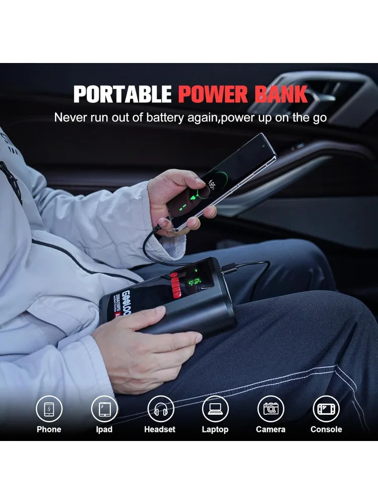 A2 8-in-1 Jump Starter مع ضاغط هواء، معزز بطارية السيارة 2500 أمبير (حتى 8 لتر غاز/6 لتر ديزل) 150 رطل لكل بوصة مربعة إيقاف تلقائي لاسلكي