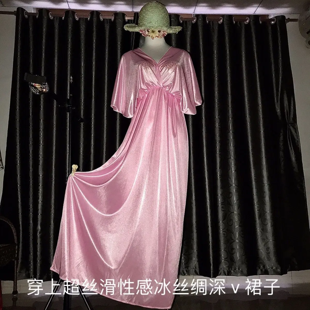 

Glossy Women Satin Short Sleeve Dress Loose Maxi Dress Plus Size Sleeping Pajamas Robe