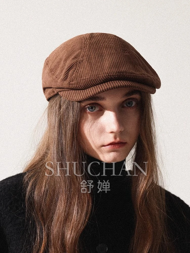 

Brown big head circumference forward hat corduroy vintage beret maillard painter hat women's autumn and winter newsboy hat