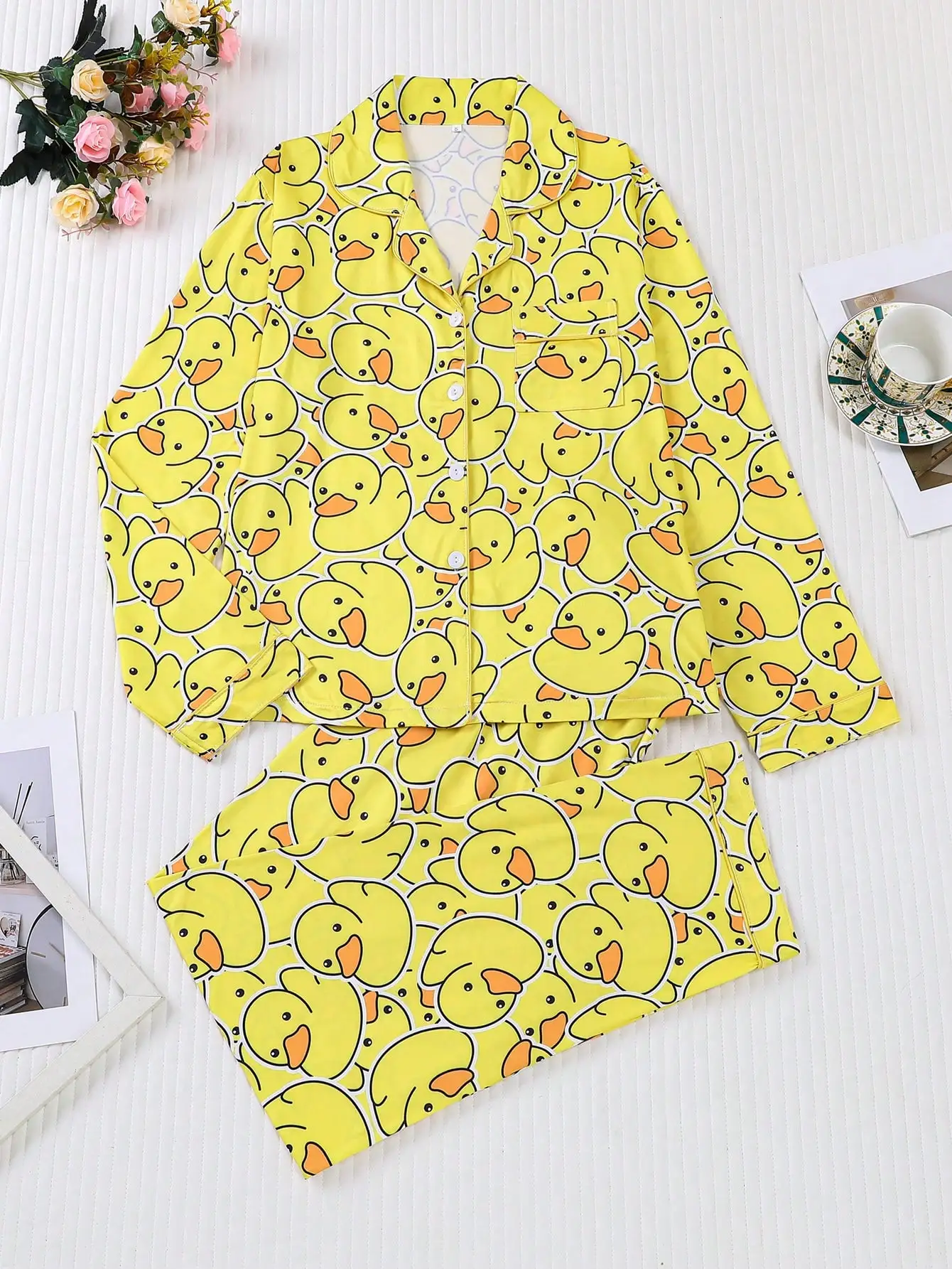 

2-Piece Yellow Duck Print Pajama Set for Women - Long Sleeve Button-Up Top with Pocket & Drawstring Pants