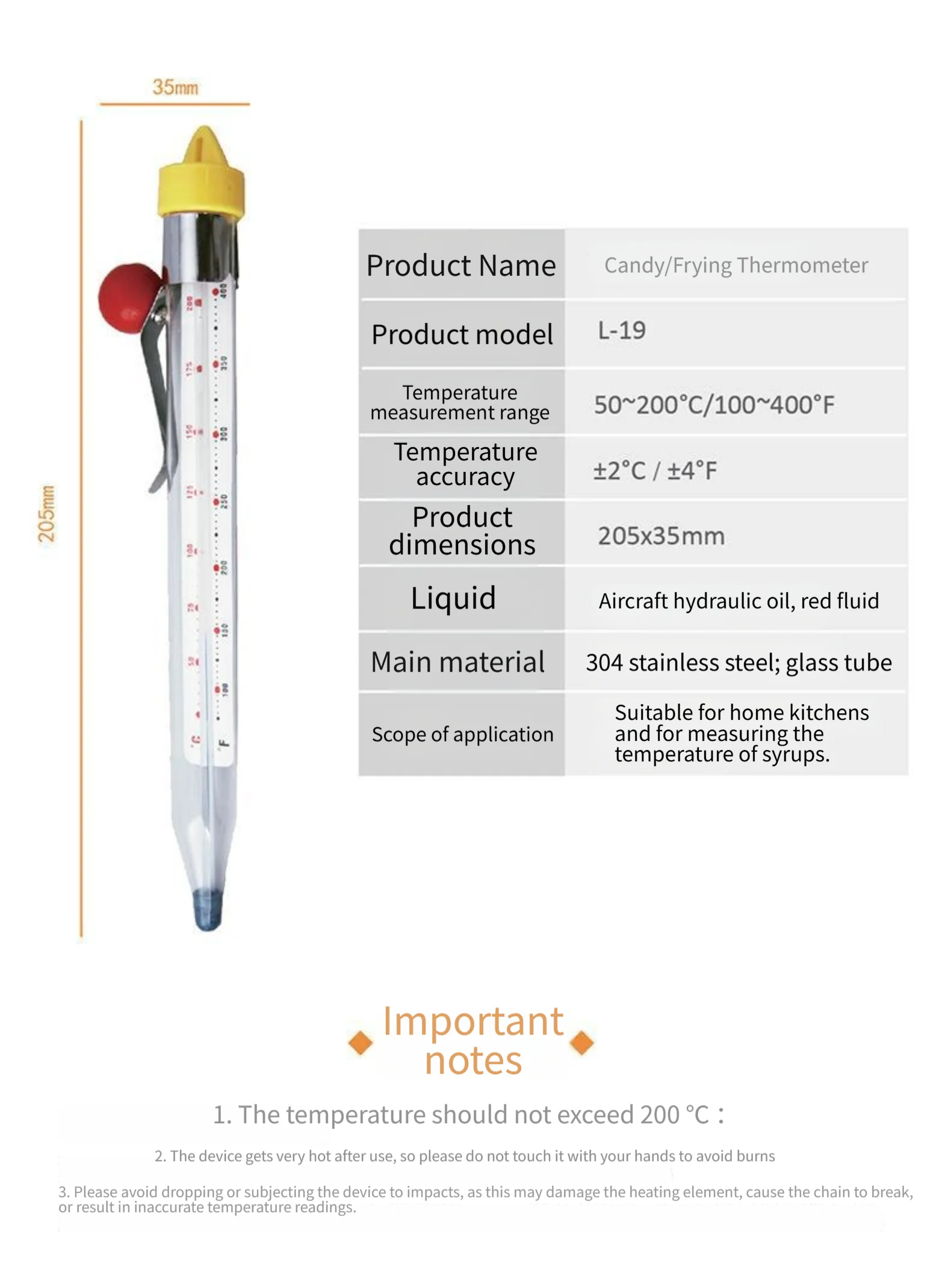 Stainless Steel Candy Deep Fry Thermometer 40-200C Dual Scale Temperature Gauge With Clip For Sugar Boiling Chocolate Baking Too